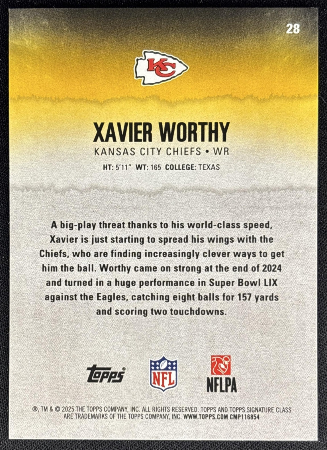 Xavier Worthy 2025 Topps Signature Class Veteran Blue & Yellow Foil Chiefs Sports Trading Cards
