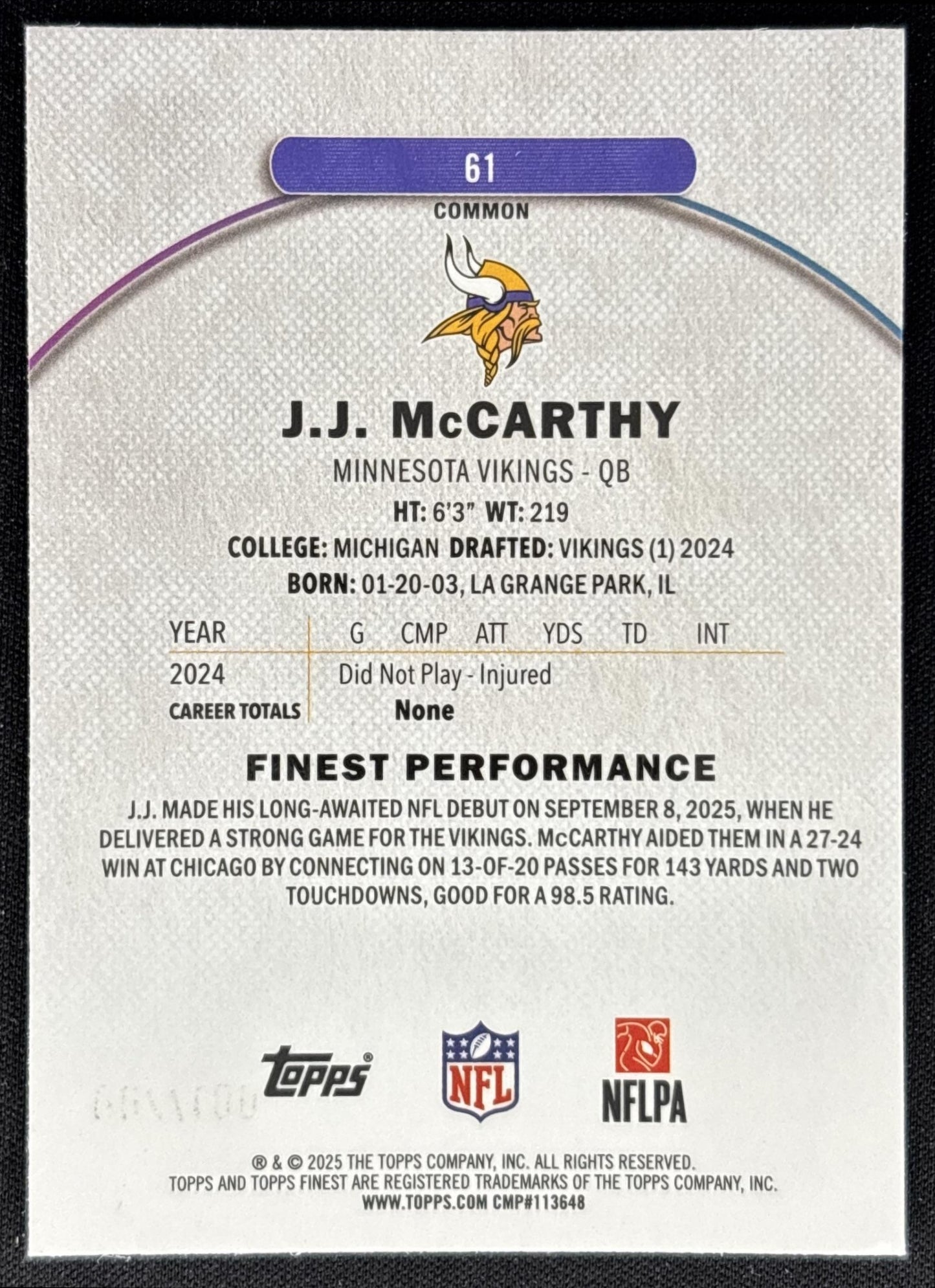 J.J. McCarthy 2025 Topps Finest Blue Refractor /200 Vikings