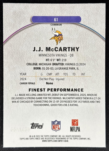 J.J. McCarthy 2025 Topps Finest Blue Refractor /200 Vikings