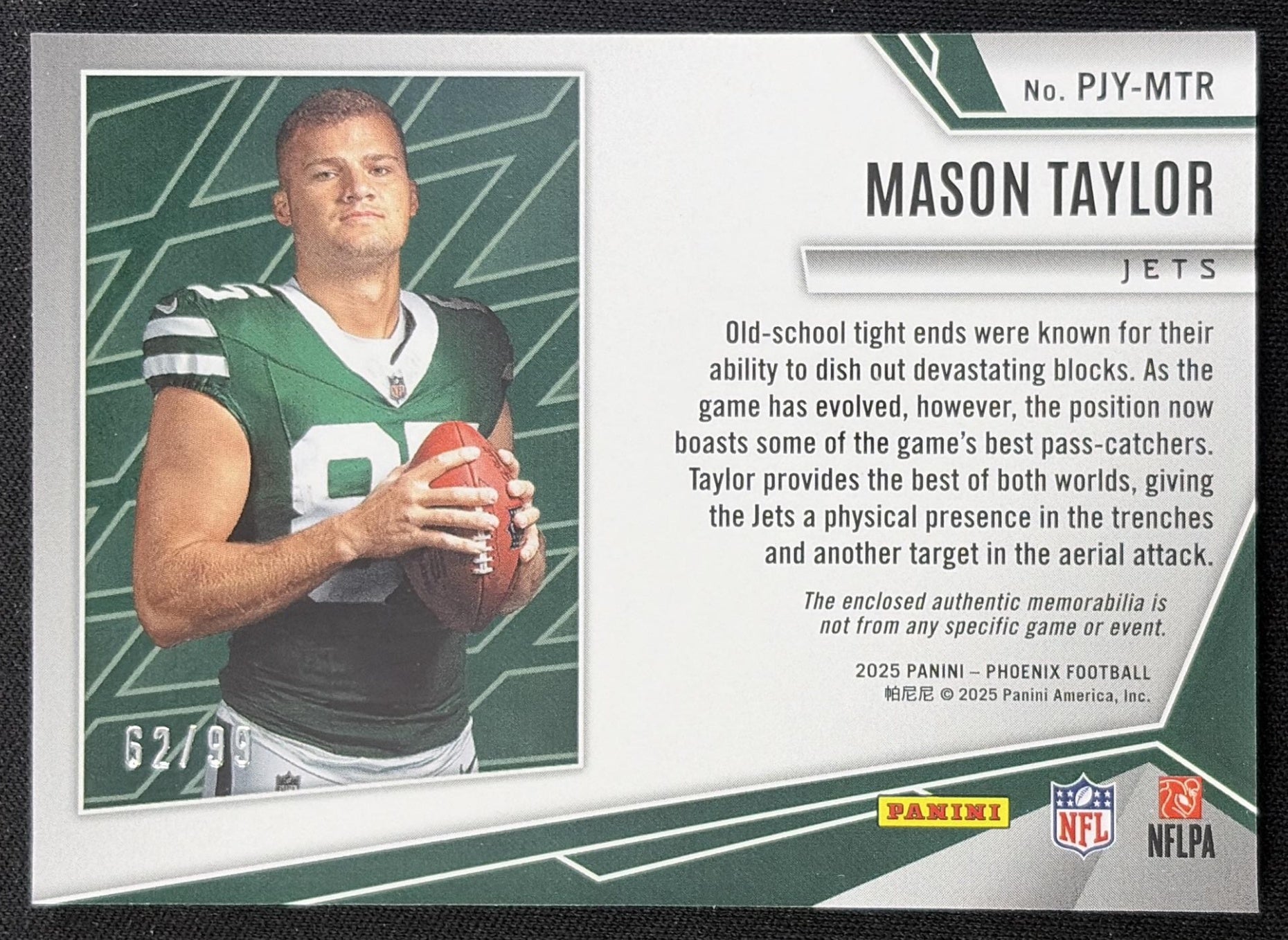 Mason Taylor 2025 Panini Phoenix Rookie Phenom Jersey Green Prizm /99 Jets