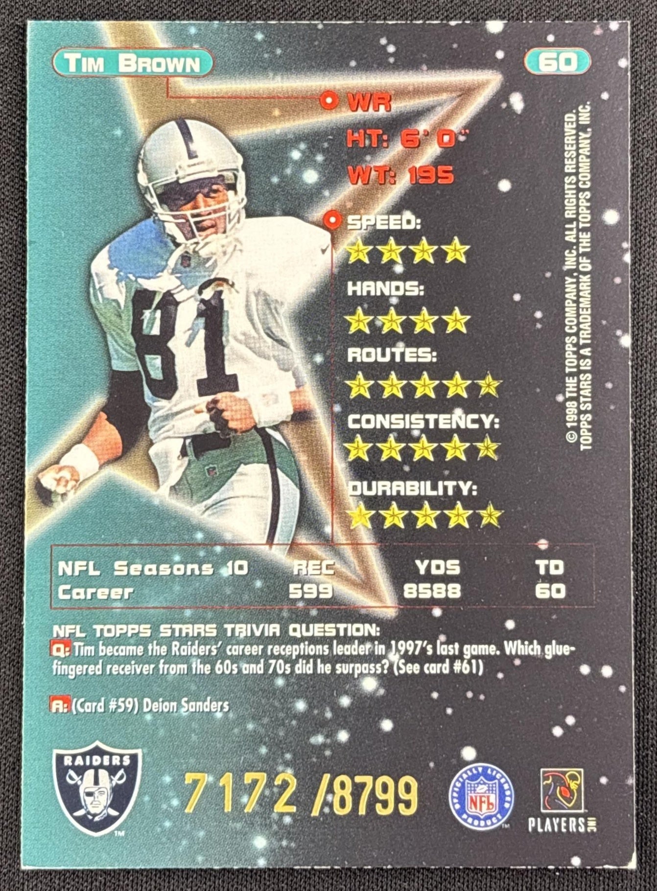 Tim Brown 1998 Topps Stars /8799 Raiders