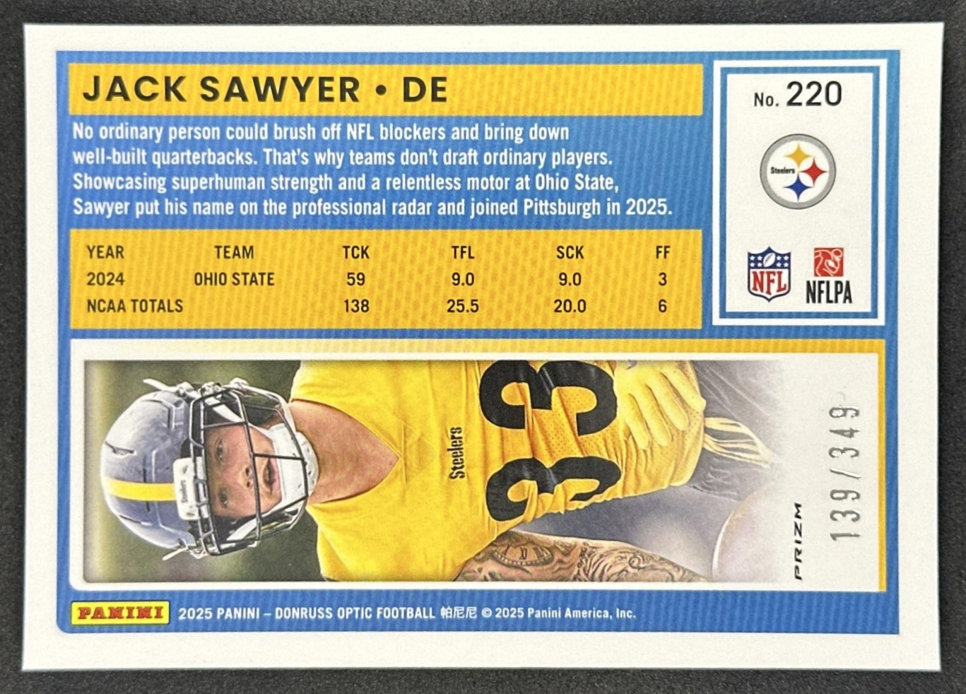 Jack Sawyer 2025 Panini Donruss Optic Rated Rookie Aqua Prizm /349 Steelers back
