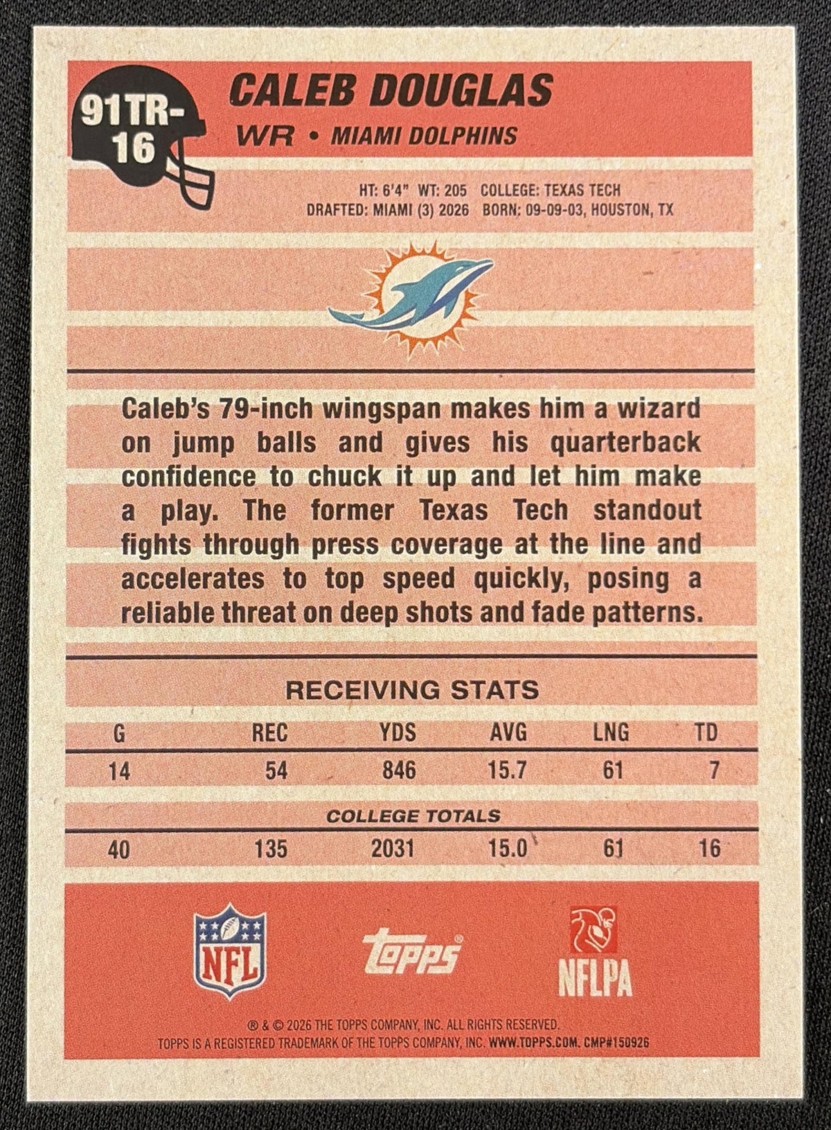 Caleb Douglas 2026 Topps 1991 Rookie Pink Crackle Foil Dolphins