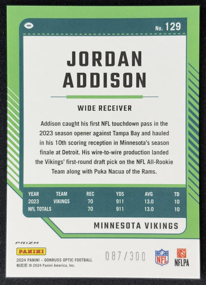 Jordan Addison 2024 Panini Donruss Optic Wave /300 Vikings Sports Trading Cards