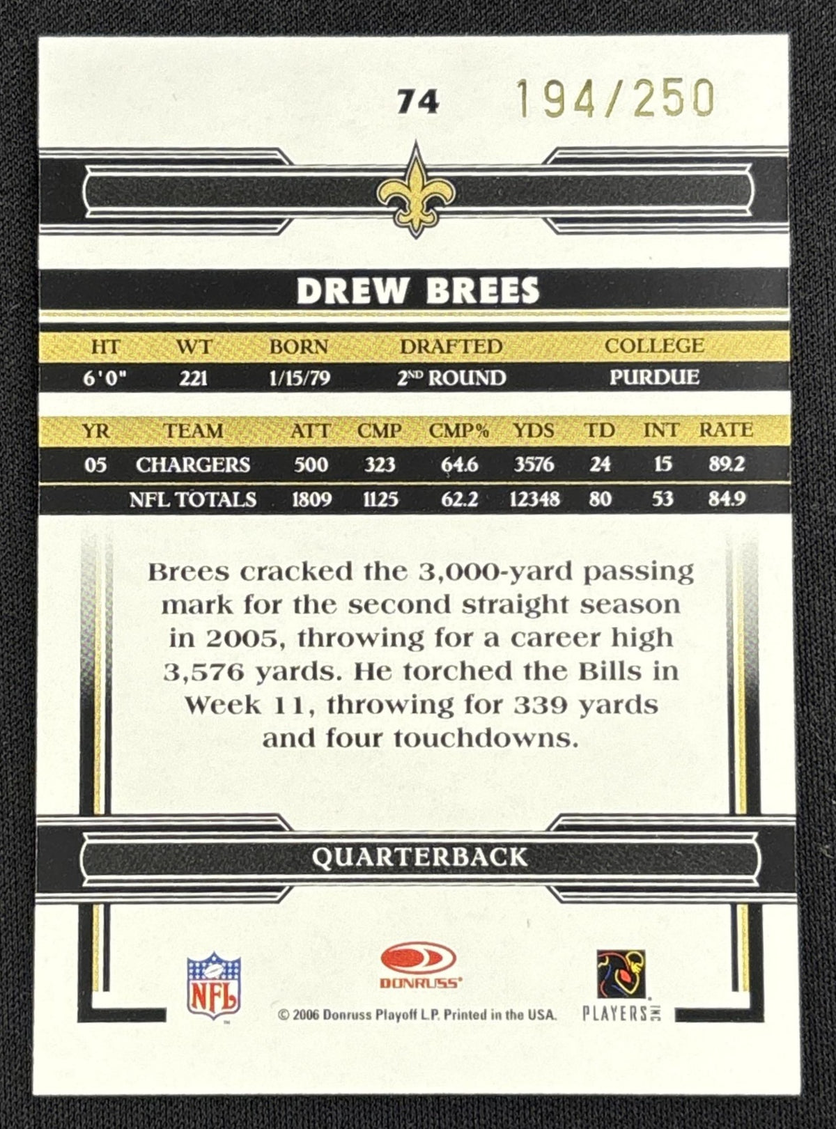 Drew Brees 2006 Donruss Threads Bronze Holofoil /250 Saints Sports Trading Card