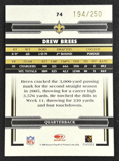 Drew Brees 2006 Donruss Threads Bronze Holofoil /250 Saints Sports Trading Card