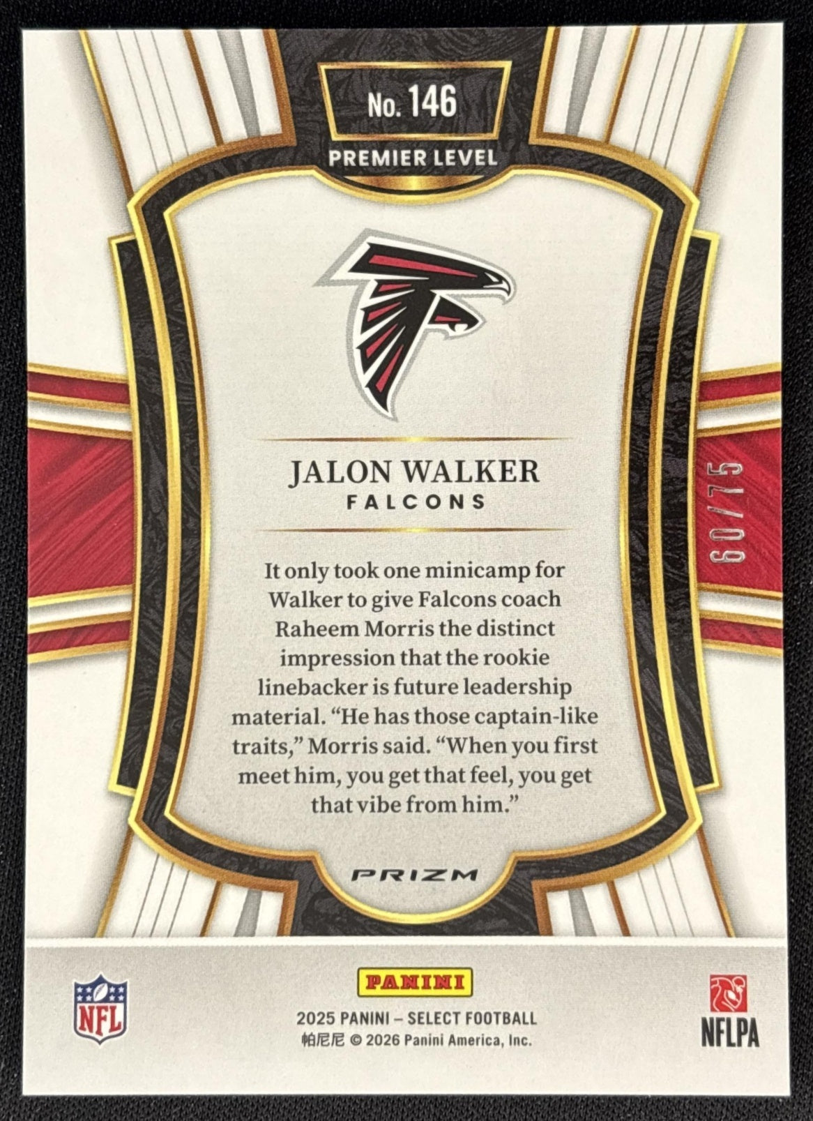 Jalon Walker 2025 Panini Select Premier Level Purple Prizm /75 Falcons