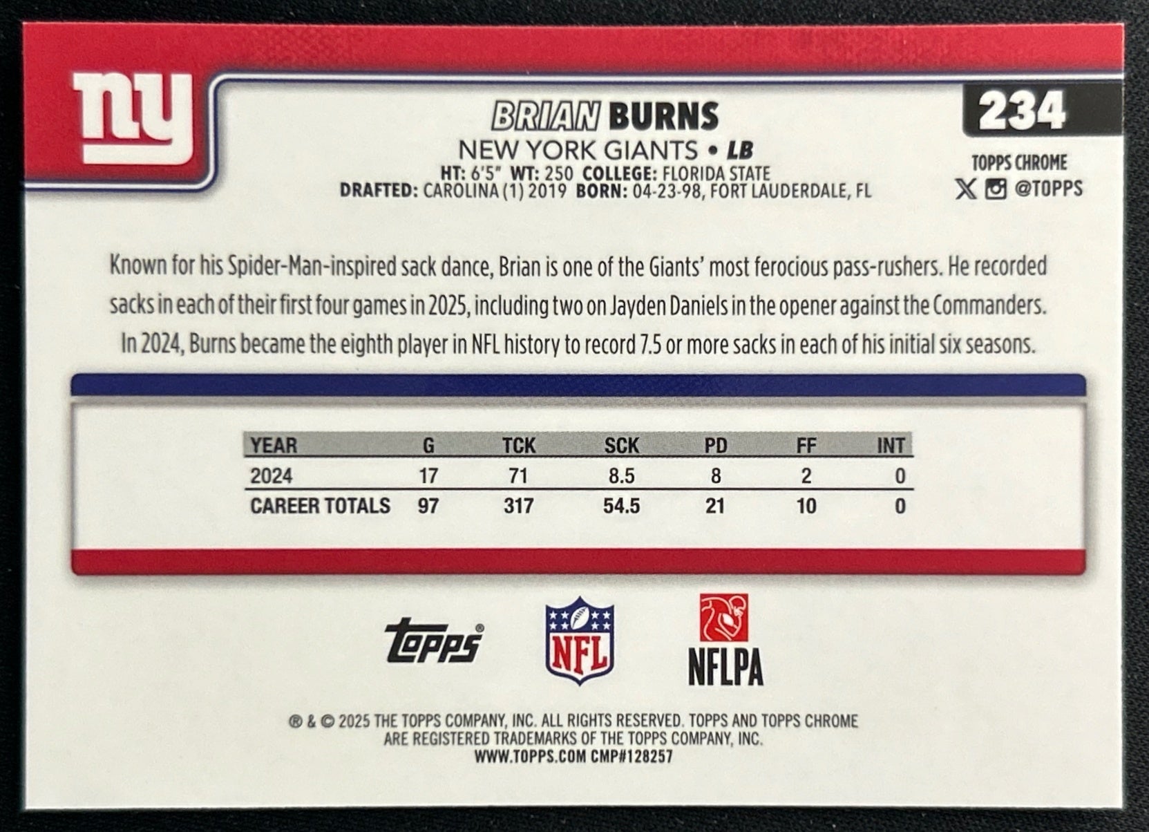 Brian Burns 2025 Topps Chrome Giants Sports Trading Cards