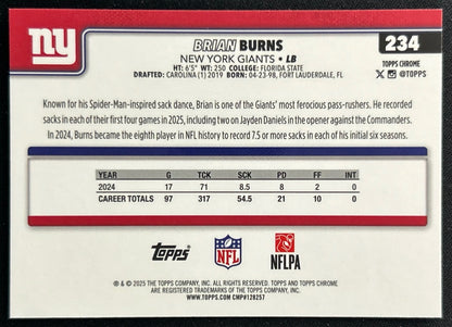 Brian Burns 2025 Topps Chrome Giants Sports Trading Cards