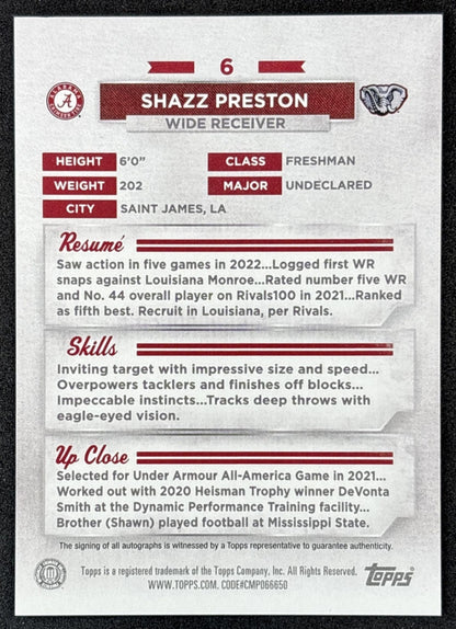 Shazz Preston 2023 Bowman University Alabama Crimson Tide Auto Gold /50