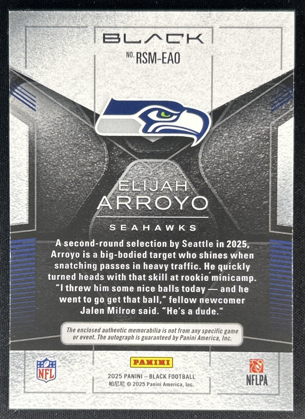 Elijah Arroyo 2025 Panini Black Rookie Signature Materials /149 Seahawks Back