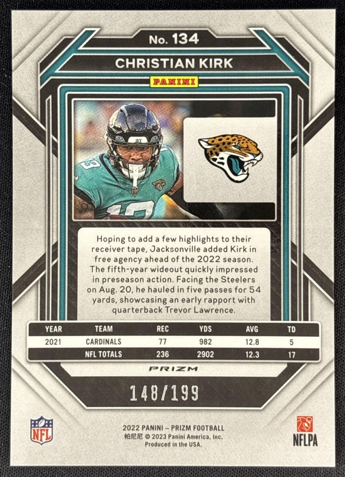 Christian Kirk 2022 Panini Prizm Blue Wave /199 Jaguars back