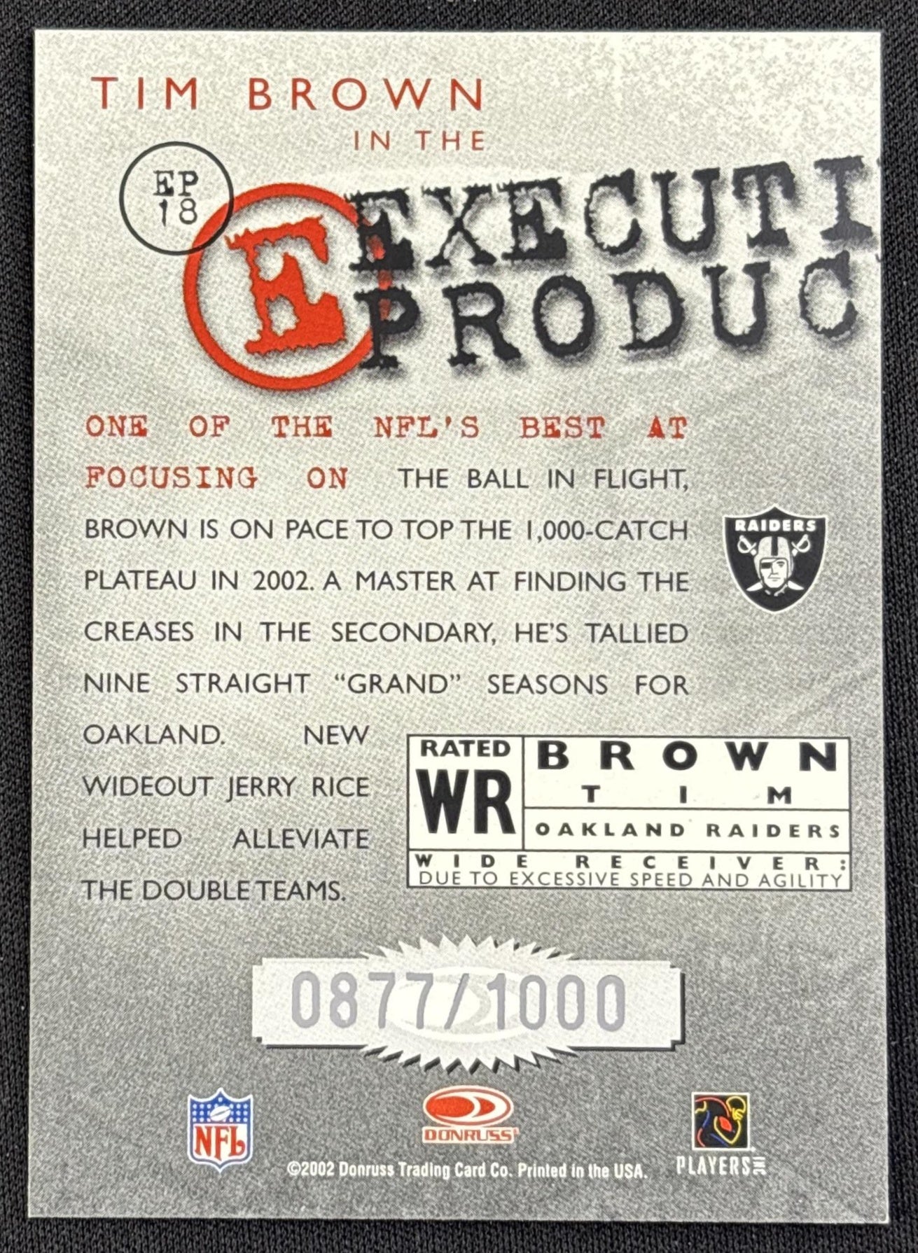 Tim Brown 2002 Donruss Executive Producers /1000 Raiders