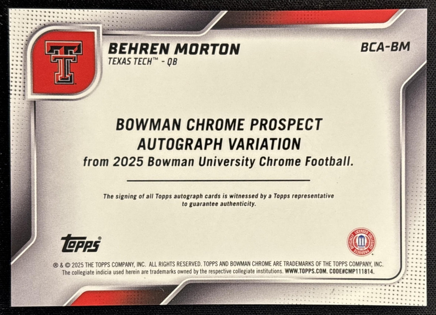 Behren Morton 2025 Bowman Chrome University Sapphire Prospect Auto Red Raiders back