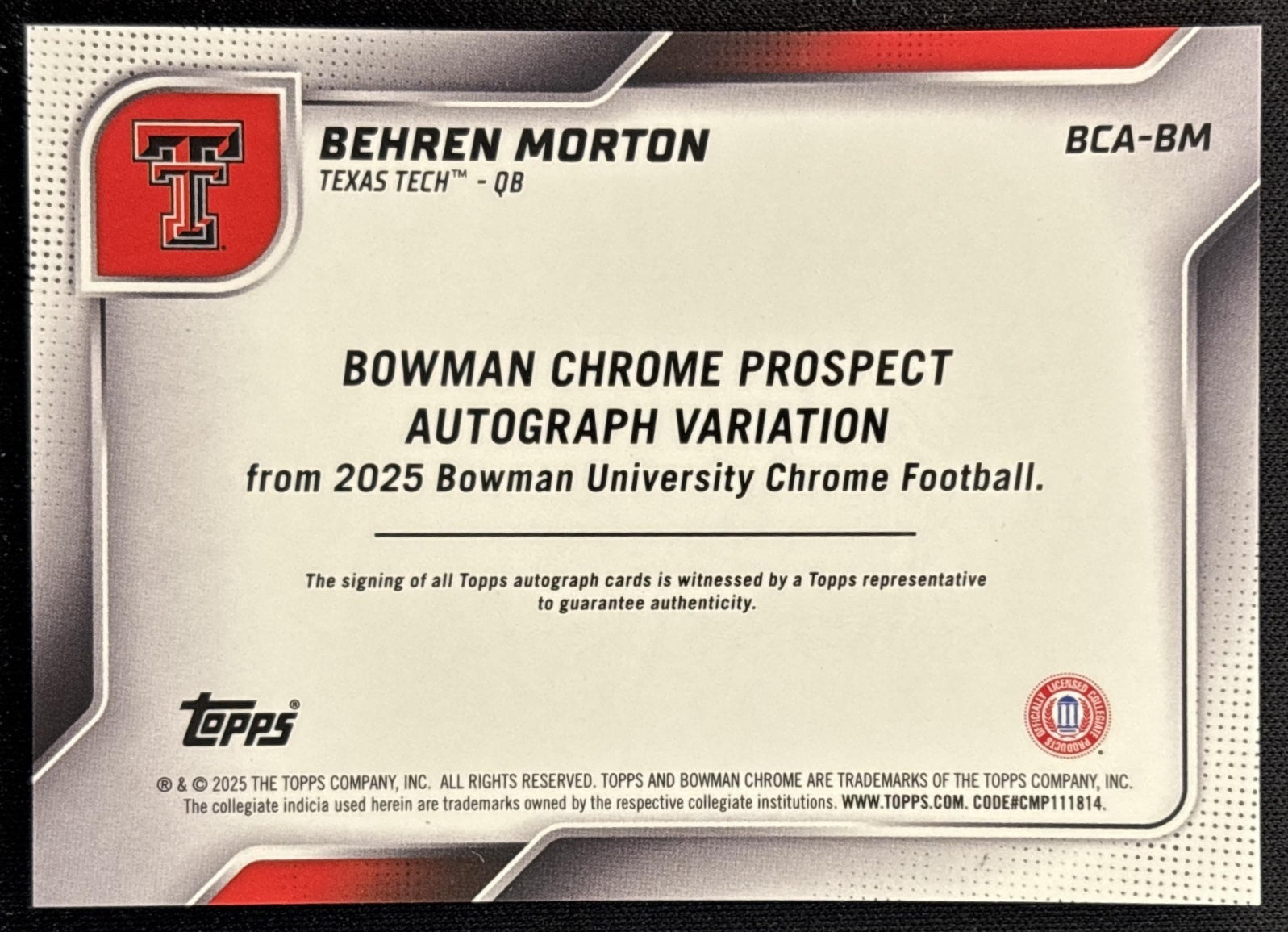 Behren Morton 2025 Bowman Chrome University Sapphire Prospect Auto Red Raiders back