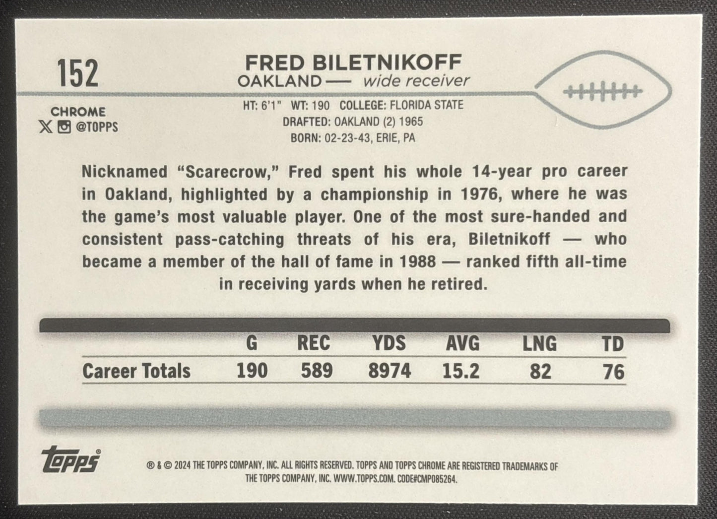 Fred Biletnikoff 2024 Topps Chrome Purple Speckle Refractor /275 Raiders Oakland Raiders Sports Trading Cards