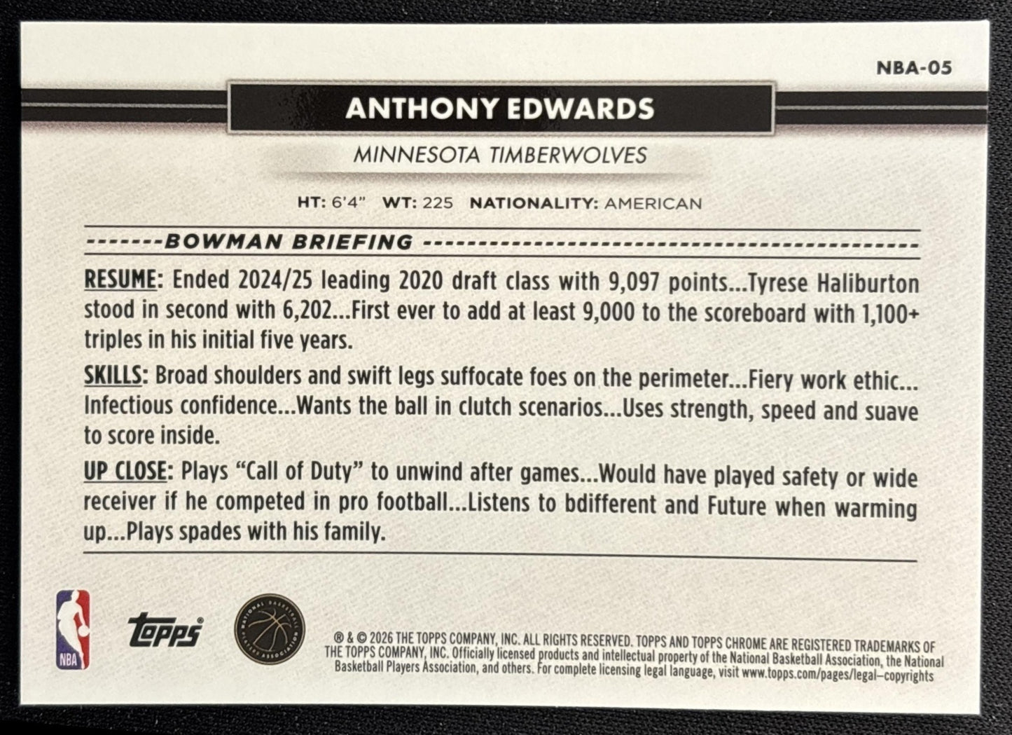 Anthony Edwards 2026 Topps NSCC Collection NBA Sports Trading Cards