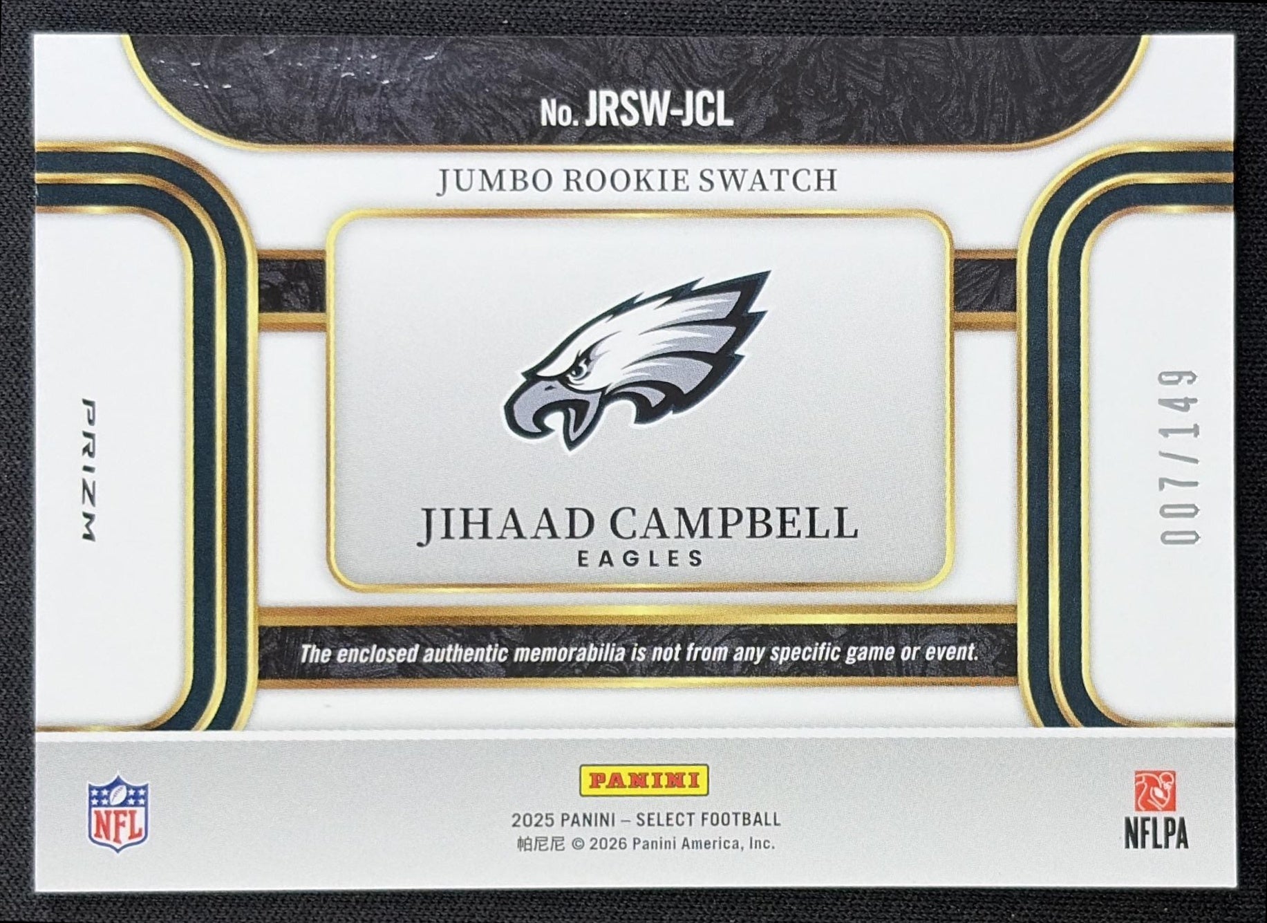 Jihaad Campbell 2025 Panini Select Jumbo Rookie Swatch /149 Eagles - back