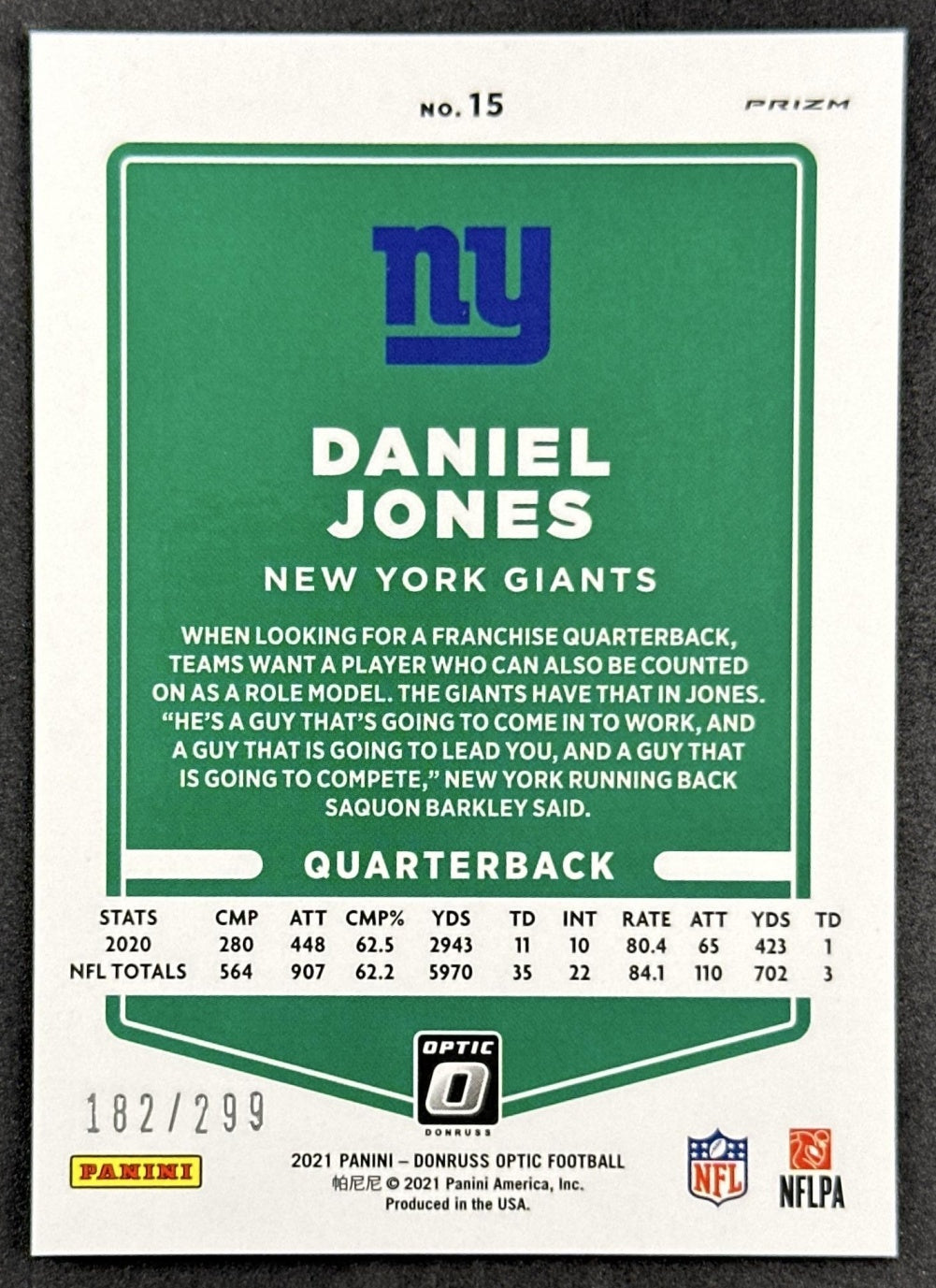 Daniel Jones 2021 Panini Donruss Optic Aqua /299 Giants back