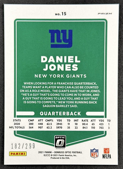 Daniel Jones 2021 Panini Donruss Optic Aqua /299 Giants back