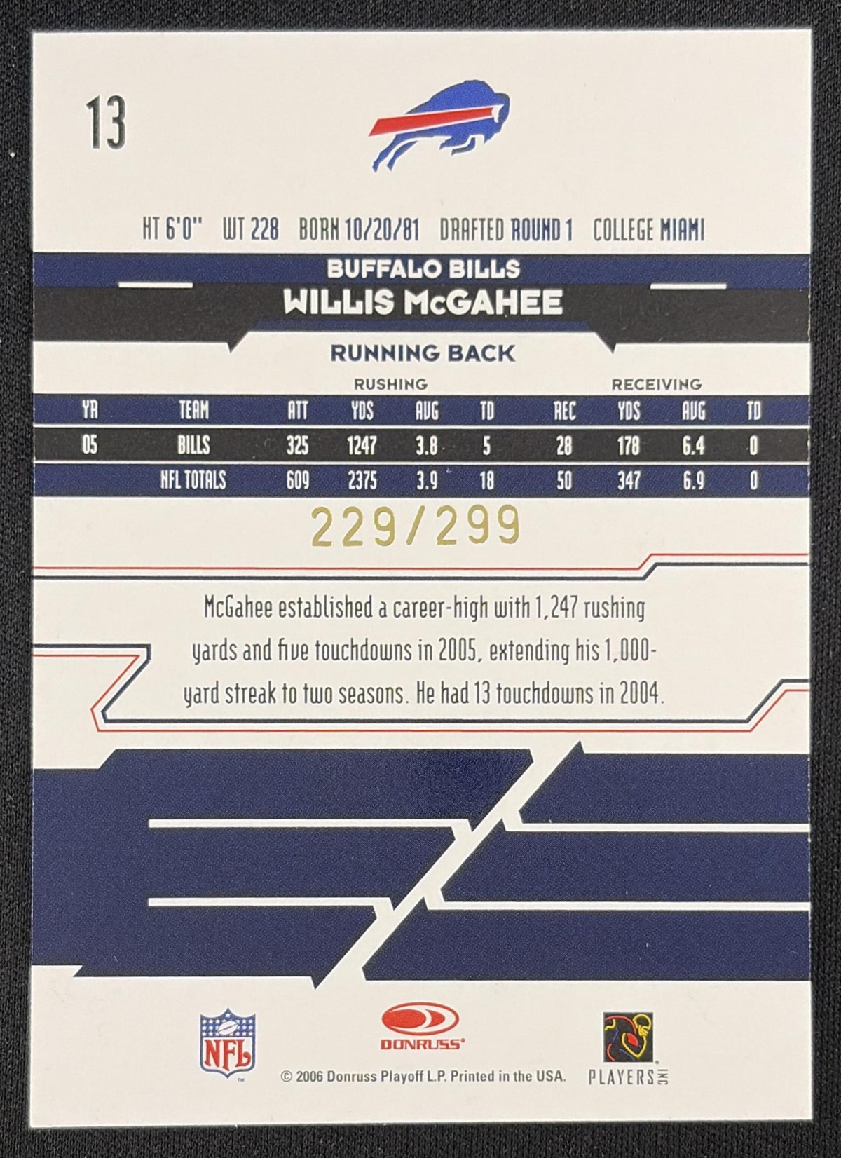 Willis McGahee 2006 Leaf Rookies & Stars Gold /299 Bills