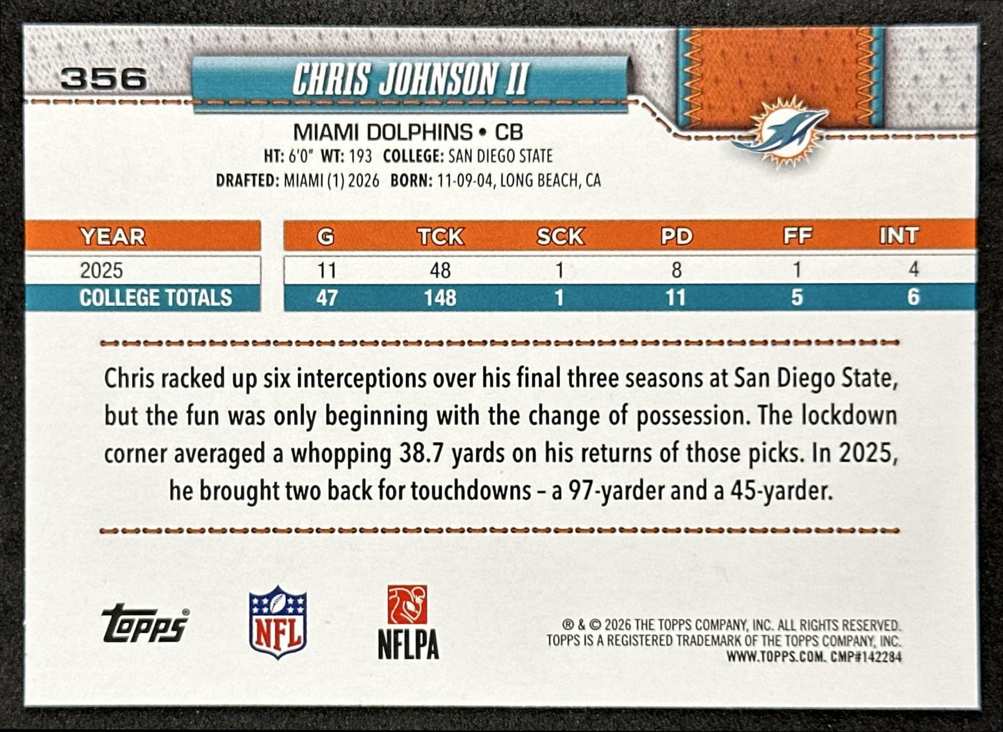 Chris Johnson II 2026 Topps Flagship Rookie Dolphins Sports Trading Cards
