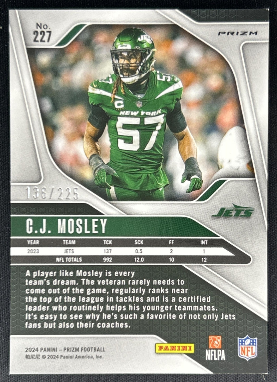 C.J. Mosley 2024 Panini Prizm Purple Ice /225 Jets back
