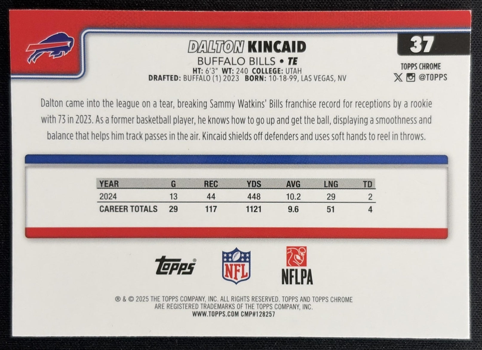 Dalton Kincaid 2025 Topps Chrome Sapphire Bills Back