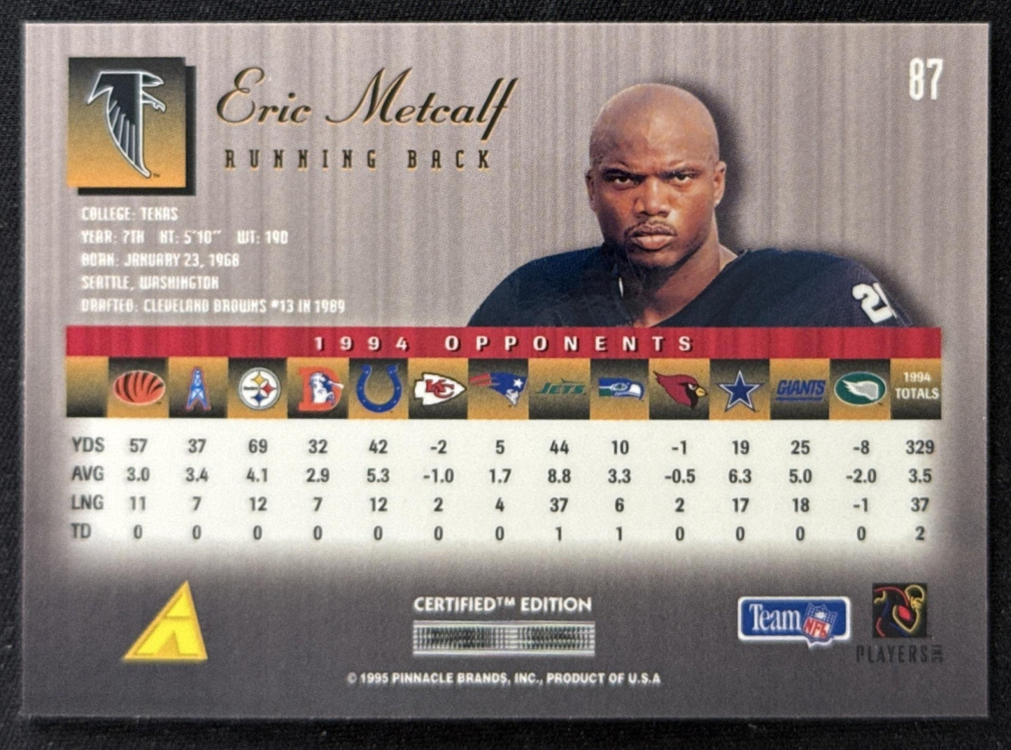 Eric Metcalf 1995 Pinnacle Select Certified Falcons Sports Trading Card