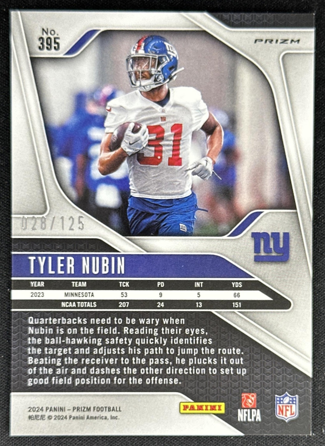 Tyler Nubin 2024 Panini Prizm Purple /125 Giants