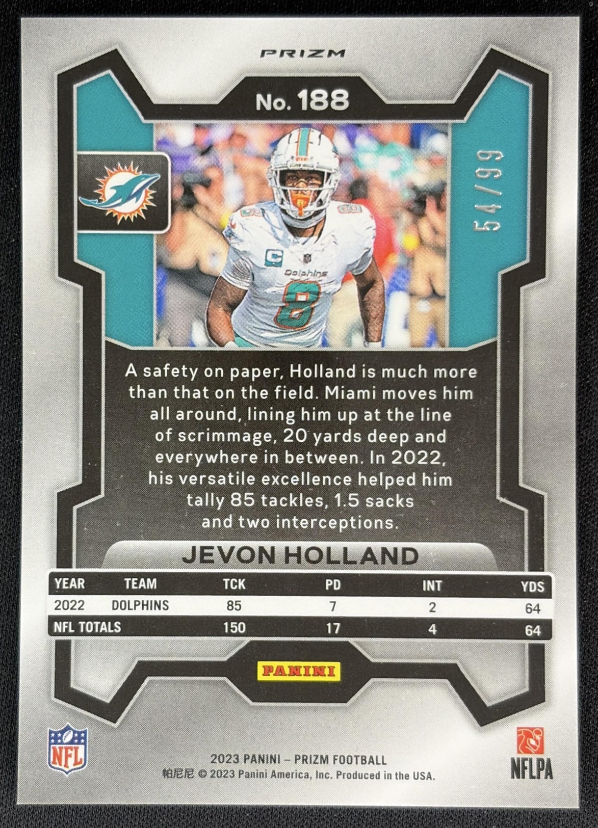 Jevon Holland 2023 Panini Prizm Purple Wave /99 Dolphins back
