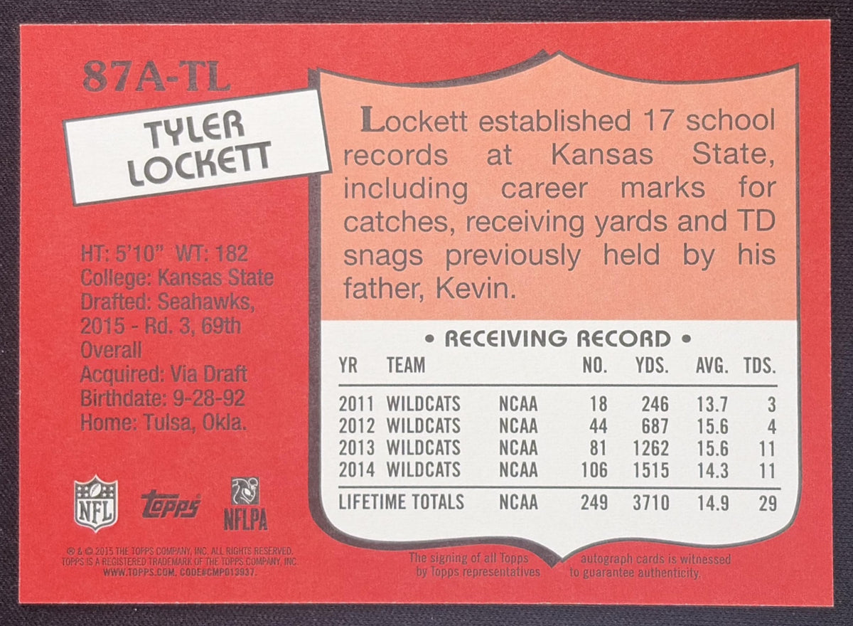 Tyler Lockett 2015 Topps 1987 Super Rookie Auto /250 Seahawks Sports Trading Card