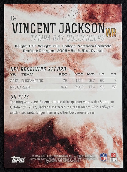 Back of Vincent Jackson 2014 Topps Fire Blue /299 Buccaneers sports trading card