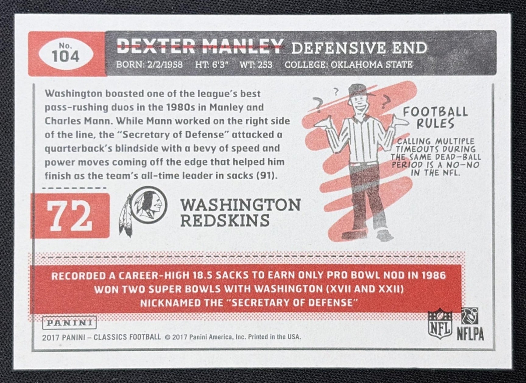 Dexter Manley 2017 Panini Classics Red Back /299 Redskins