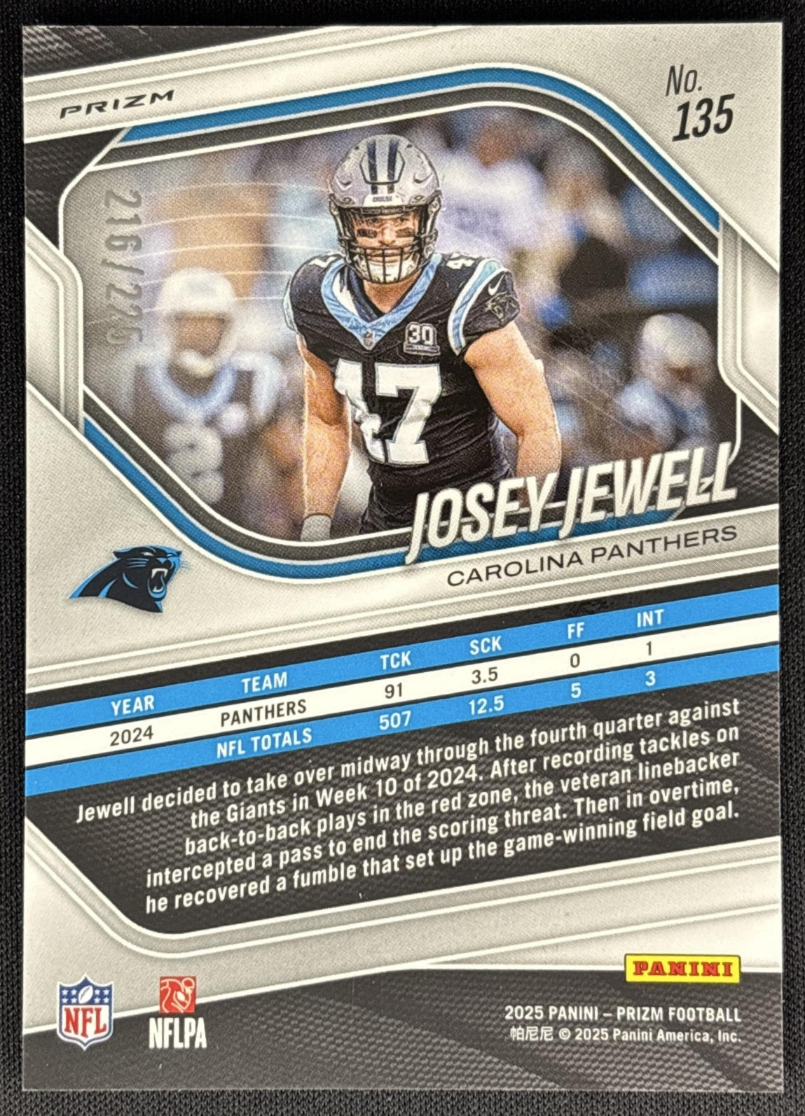 Josey Jewell 2025 Panini Prizm Purple Ice /225 Panthers Sports Trading Cards