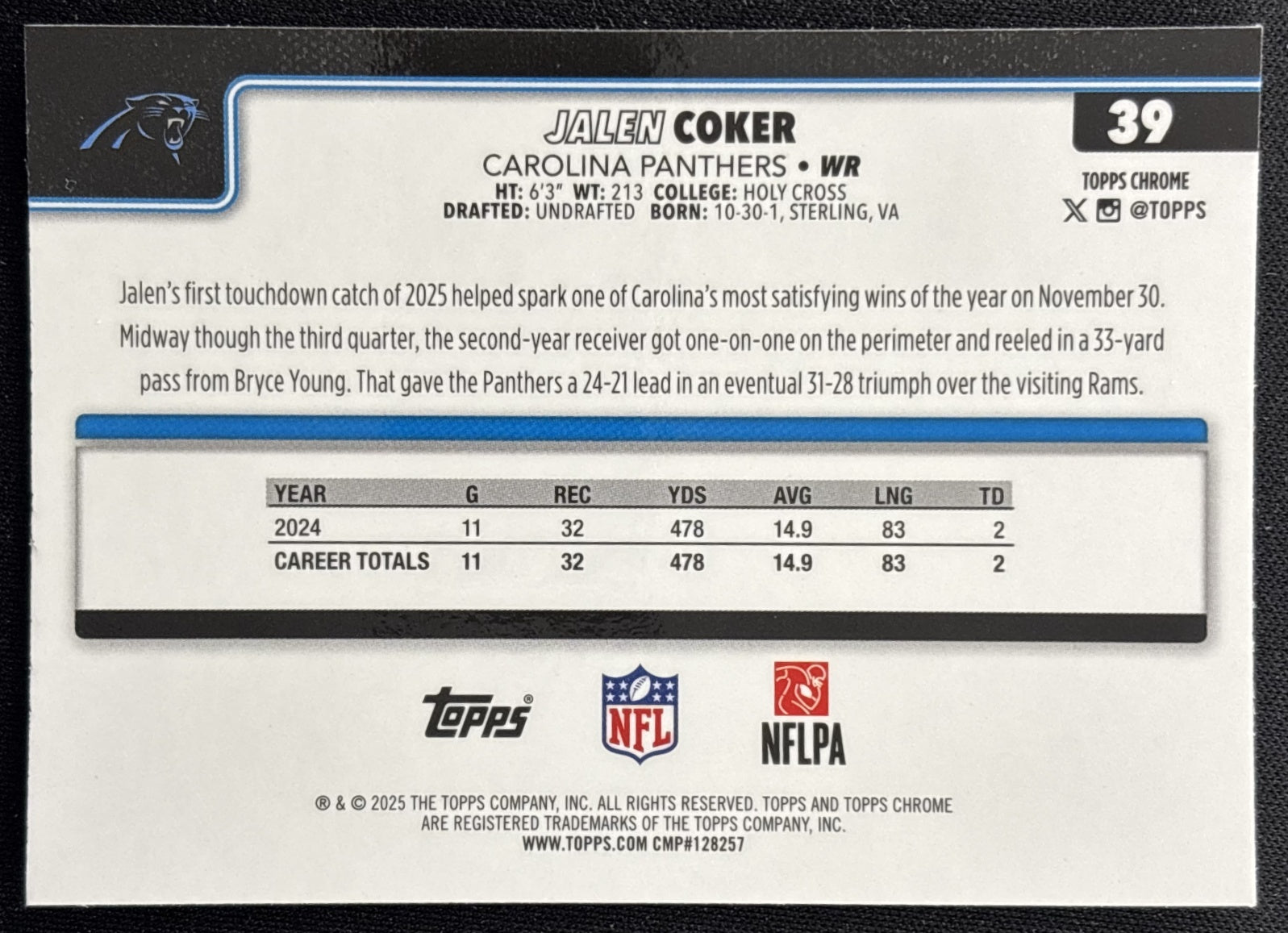 Jalen Coker 2025 Topps Chrome Panthers Sports Trading Cards