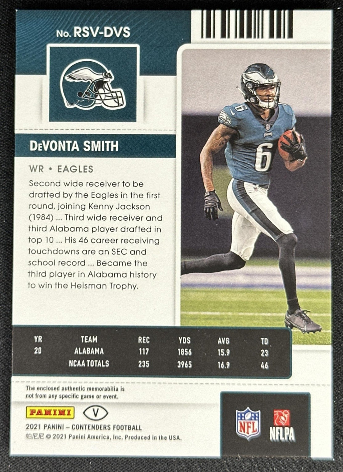 DeVonta Smith 2021 Panini Contenders Rookie Ticket Swatches Variation Eagles