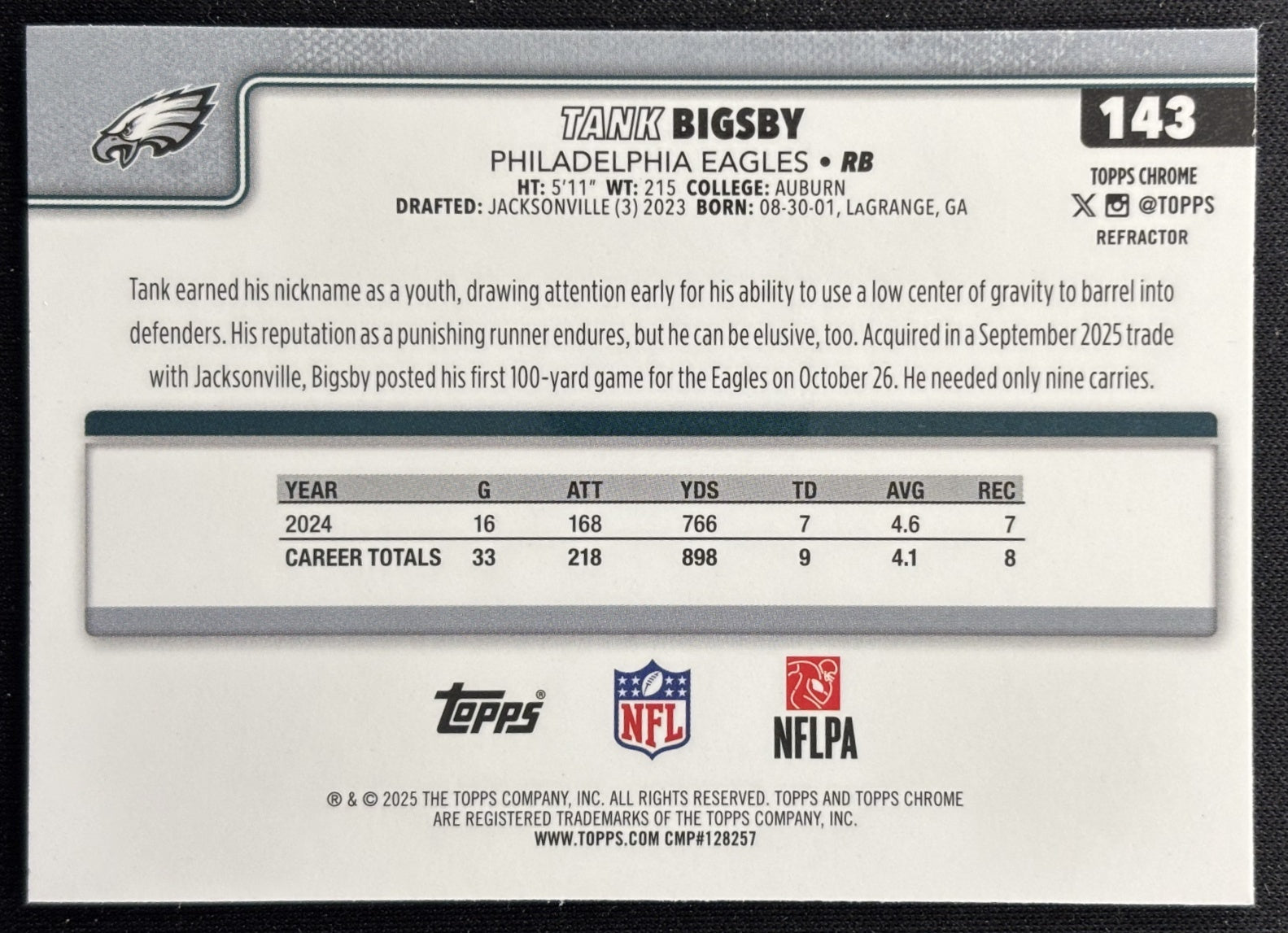 Tank Bigsby 2025 Topps Chrome Refractor Eagles Sports Trading Cards