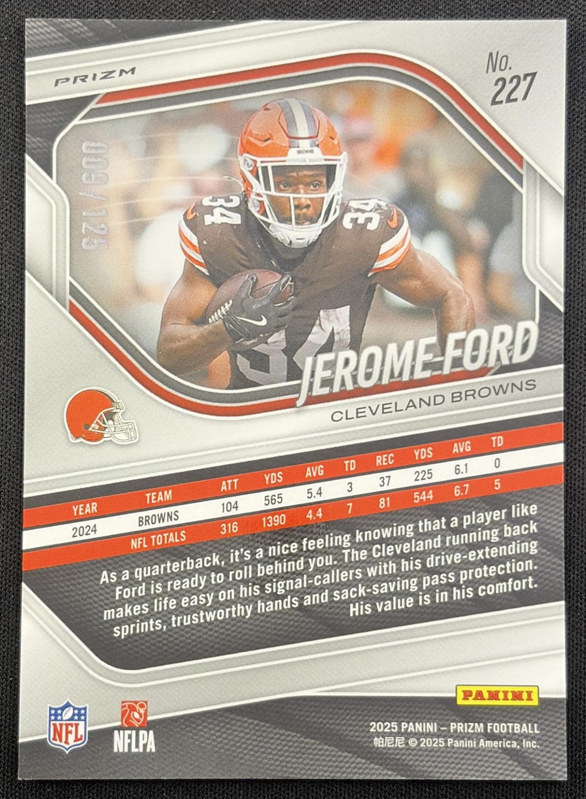 Jerome Ford 2025 Panini Prizm No Huddle Blue /125 Browns Cleveland Browns