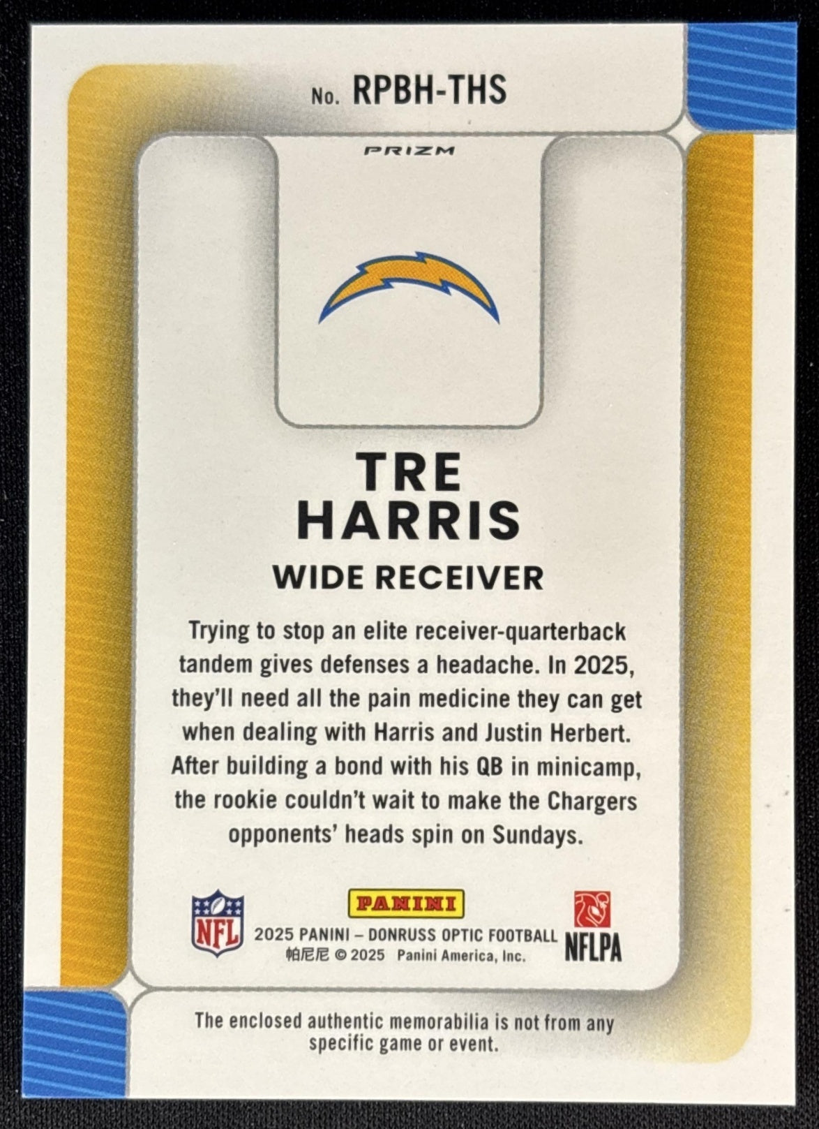 Tre Harris 2025 Panini Donruss Optic Rookie Phenoms Blue Hyper Prizm Chargers Los Angeles Chargers Sports Trading Cards