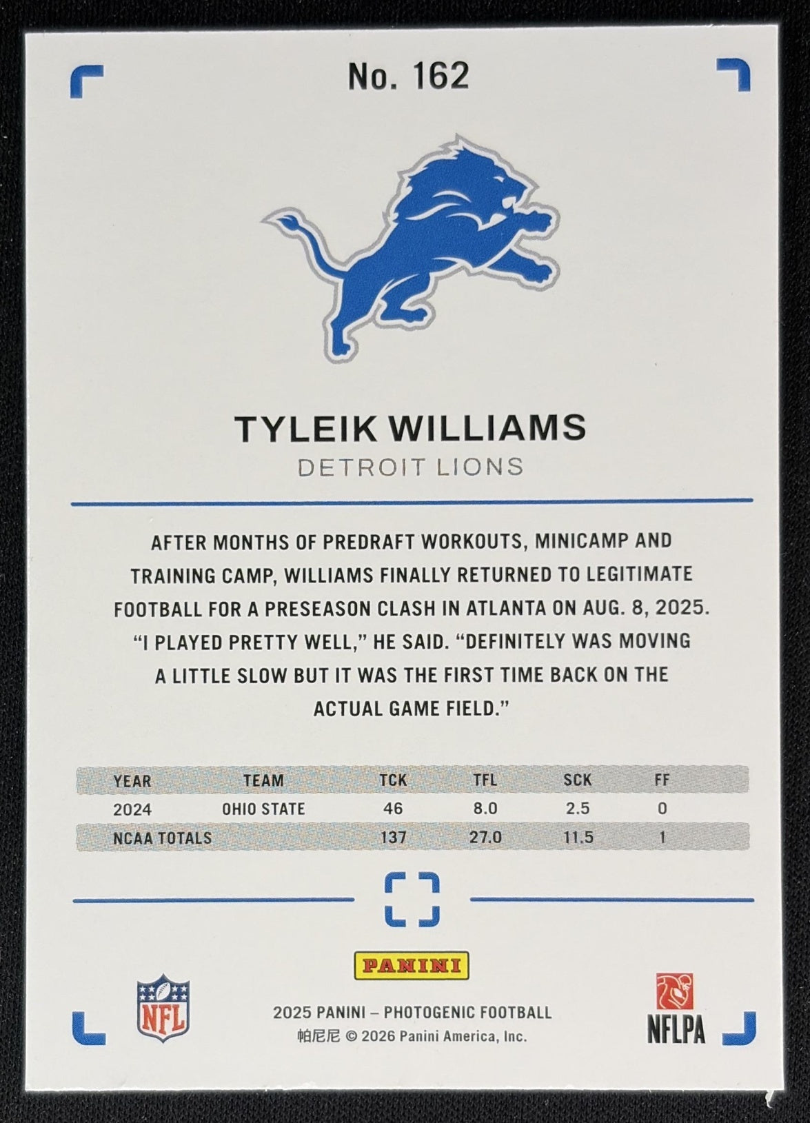 Tyleik Williams 2025 Panini PhotoGenic Rookies Purple /99 Lions back