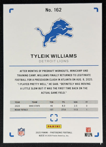 Tyleik Williams 2025 Panini PhotoGenic Rookies Purple /99 Lions back