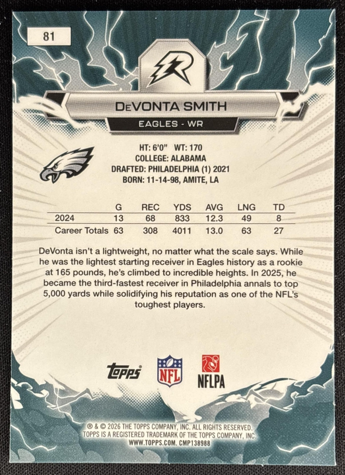 DeVonta Smith 2025 Topps Resurgence Sky Blue and Pink Shock Refractor Eagles back