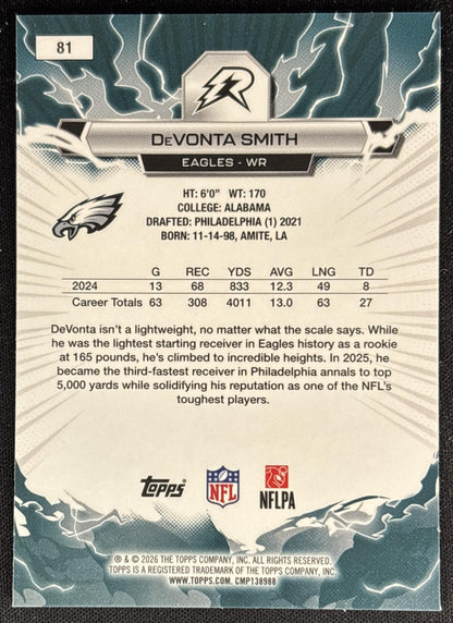 DeVonta Smith 2025 Topps Resurgence Sky Blue and Pink Shock Refractor Eagles back