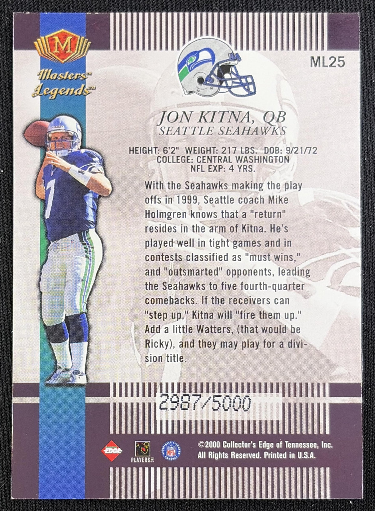 Jon Kitna 2000 Collector's Edge Masters Legends /5000 Seahawks Sports Trading Card