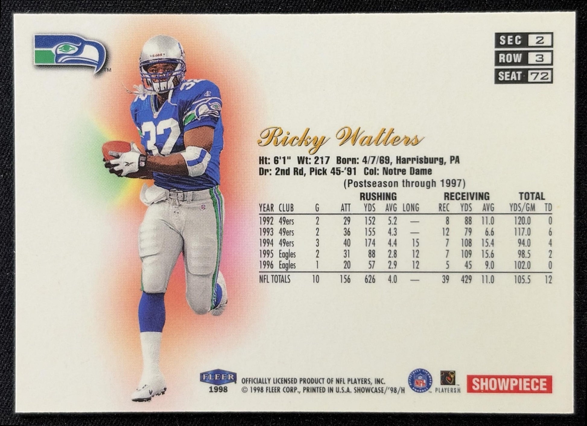 Ricky Watters 1998 Fleer Flair Showcase Row 3 Seahawks