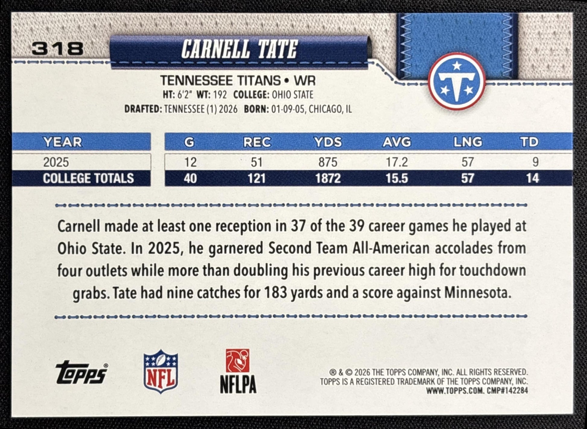 Carnell Tate 2026 Topps Football Leather Foil Titans