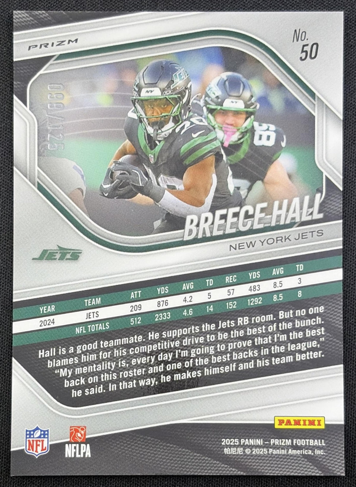 Breece Hall 2025 Panini Prizm No Huddle Blue /125 Jets New York Jets