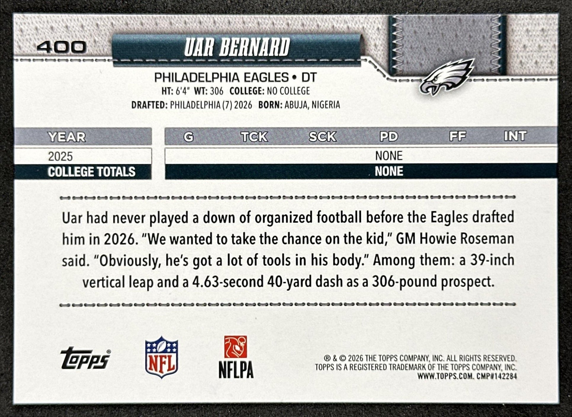 Uar Bernard 2026 Topps Flagship Rookie Eagles Sports Trading Cards