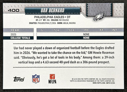Uar Bernard 2026 Topps Flagship Rookie Eagles Sports Trading Cards